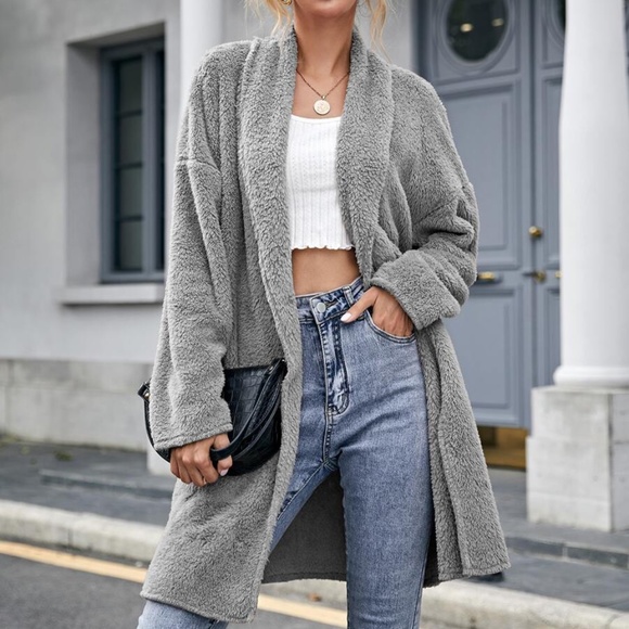 Navy Blue teddy open front coat jacket oversized - Picture 2 of 12